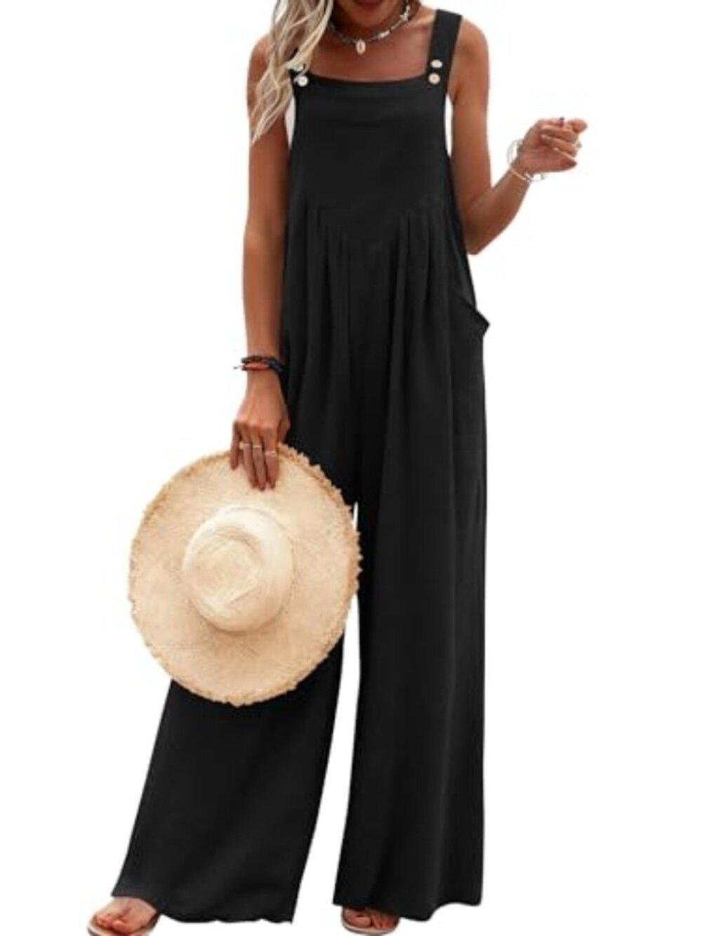 🆕 Womens Casual Overalls Boho Floral Loose Wide Leg Jumpsuits Summer - Black